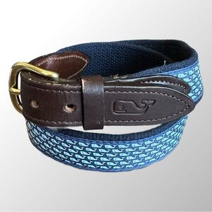 Vineyard Vines Belt‎ Size 28 Blue & Green Whale Print Canvas And Leather Belt